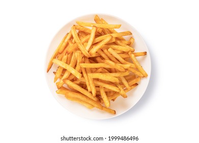 Top view Potato fries on white plate isolated on white background. - Shutterstock ID 1999486496