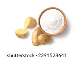 Top view of Potato starch with fresh potato isolated on white background. 