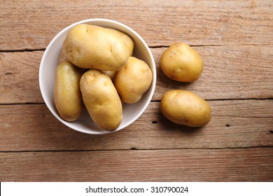 Top view Potatoes in bowl with wooden background