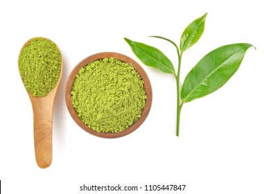 Top View Of Powder Green Tea And Green Tea Leaf Isolated On White Background