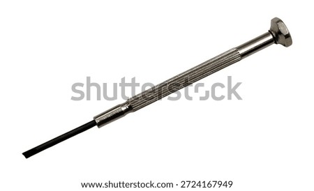 Top view of a precision flat-head screwdriver, ideal for working with very small screws, isolated on white background.