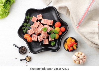 Top View Premium Japanese Wagyu Diced Beef Cubes Sliced (Saikoro Japan Beef) On Grill For Yakiniku. 