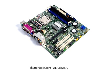 Top View Printed Computer Motherboard Board, Isolated On White Background