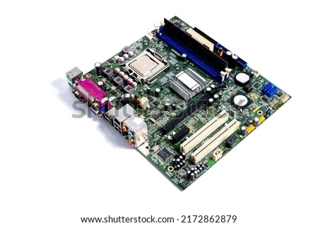 Top view Printed computer motherboard board, isolated on white background
