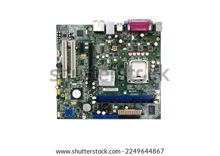 Top view Printed computer motherboard board, isolated on white background
