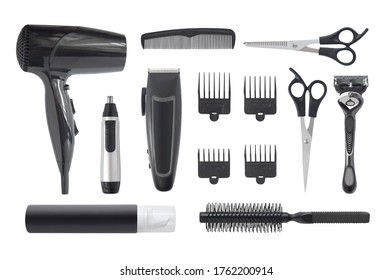 Top View Of Professional Hairstyle And Grooming Kit Isolated On White Background. Hair Clipper, Hair Dryer, Combs And Other Hairdressing Equipment