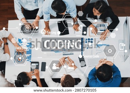 Top view project manager communicate and collaborate with team using project management software, tracking progress of project task and making schedule plan at meeting table. Prudent Amity