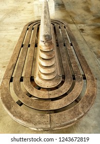 Top View Of A Public Vintage Wooden Seat At The Railway Station.