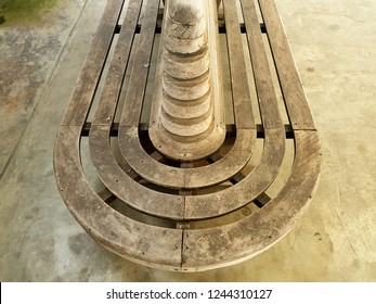 Top View Of A Public Vintage Wooden Seat At The Railway Station.