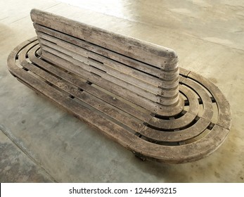 Top View Of A Public Vintage Wooden Seat At The Railway Station.