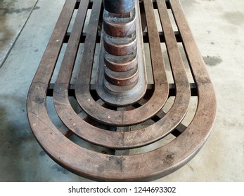 Top View Of A Public Vintage Wooden Seat At The Railway Station.