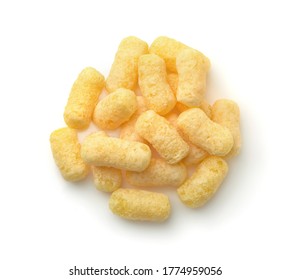 Top view of puffed corn snack isolated on white