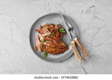 Top View Of Pulled Lamb Meat Baked In Oven On Marble Table