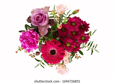 Top View Of Purple Flowers Bouquet For Congrats To People,card Or Frame On Flower,bouquet Of Mix Flower On White Background ,isolated Flora For Gift In Valentine Or Special Day.