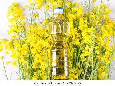 Top View Of Rapeseeds Oil In The Plastic Bottle.Bootle Of Canola Oil On The Blooming Canola Flowers