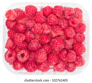 Top View Of Raspberries In A Plastic Box Isolated On White With Path