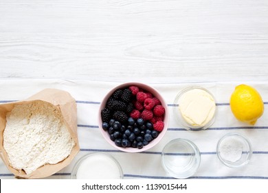 Top View, Raw Ingredients For Cooking Berry Pie. Overhead, Flat Lay. Copy Space.