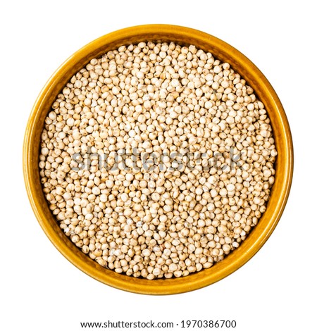 top view of raw unhulled Sorghum grains in round bowl cutout on white background ストックフォト © 