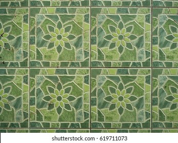 Top View Of Real Floor Tile - Green Tone With Flower Pattern - With Dirty Particle