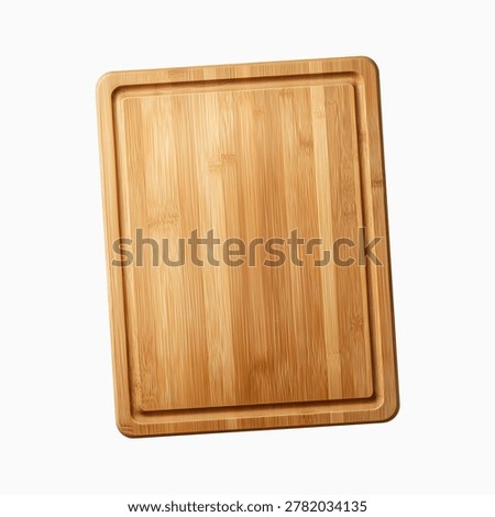 Top view of a rectangular wooden cutting board made of natural bamboo with juice groove isolated on clean white background, kitchen utensil copy space for cooking design concept