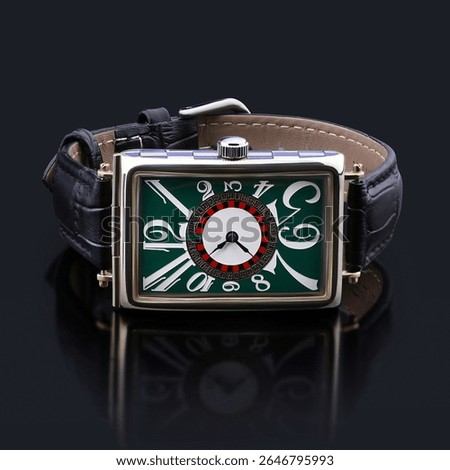 Top view of a rectangular wristwatch with an artistic green dial, expressive typography, and black crocodile-pattern leather strap. An eye-catching piece of luxury fashion design.