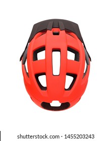 Top View Of Red Bike Helmet With Visor Isolated On White Background. Sport Equipment For Bike, Roller Skates, Skateboard, Etc.