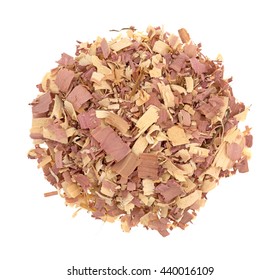 Top View Of Red Cedar Shavings Used For Pet Bedding Isolated On A White Background.