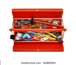 Top View Of Red Metal Tool Box With Tools And Equipment Isolated On White Background.