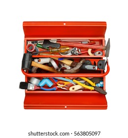 Top View Of Red Metal Tool Box With Tools And Equipment Isolated On White Background.