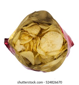 Top View Of Red Open Round Potato Snacks Open Bag Packaging Isolated On White Background