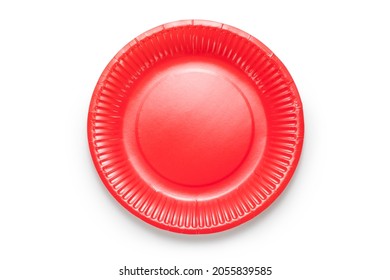 Top View Of Red Paper Plate Isolated On White Background