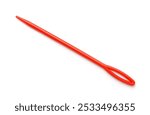 Top view of red plastic sewing needle isolated on white