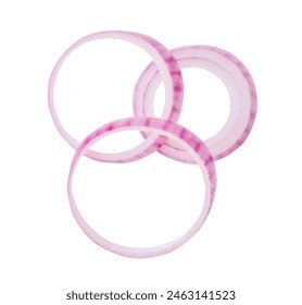 Top view of red or purple onion slices or onion rings in stack is isolated on white background with clipping path.