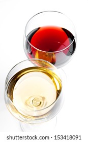 Top Of View Of Red And White Wine Glasses On White Background