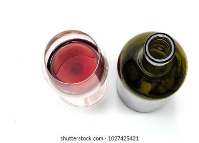 Top View Red Wine Glass , Wine Bottle On White Background,flat Lay