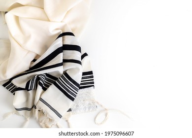 Top view. Religion concept of White Prayer Shawl - Tallit, Jewish religious symbol