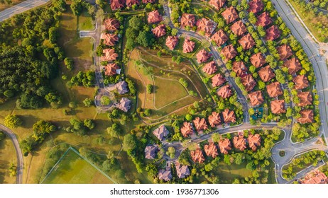 Top view of the Resident houses with red tiled roof on the green grass, Architecture, building concept.