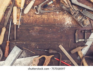 top view retro woodworking tools hero header - Shutterstock ID 757018597