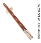 Top view of reusable wooden chopsticks on chopstick rest isolated on white