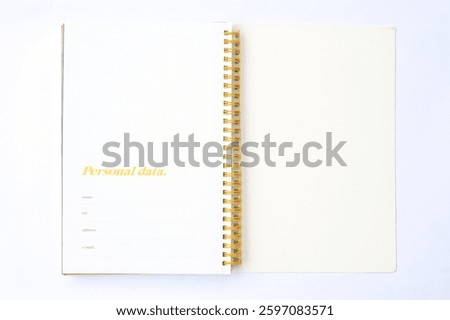 Top view of ring binding notepad book paper files isolated on white background with empty form data personal data, clipping path, copy space 