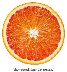 Top view of ripe slice blood red orange citrus fruit isolated on white background with clipping path