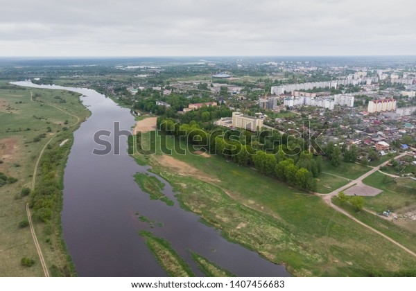 Top view of the river and\
the city.