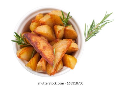 Top View Of Roasted Potatoes With Rosemary Over White, Selective Focus