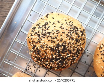 Top View Round Bread Bun With Black And White Sesame Seed