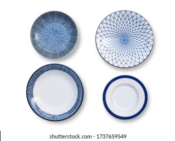 Top view of round ceramic plate set, tableware blue dish isolated on white background.