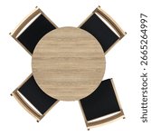 Top view of a round dining table made from white oak wood finish, with a diameter of 52 cm, and four white oak wood chairs in black cushioned seats 