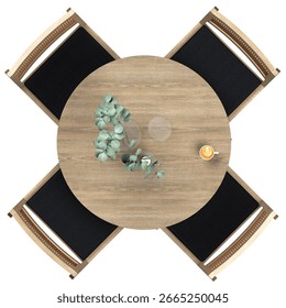 Top view of a round dining table made from natural white oak wood, with a diameter of 52 cm, designed to seat four people. The table surface features a warm, natural wood grain.