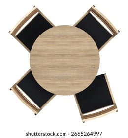 Top view of a round dining table made from white oak wood finish, with a diameter of 52 cm, and four white oak wood chairs in black cushioned seats 