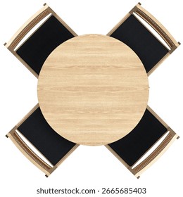 Top view of a round dining table made from natural white oak wood, 52 cm in diameter, designed for four people. Four wooden chairs with black cushioned seats are positioned opposite each other.