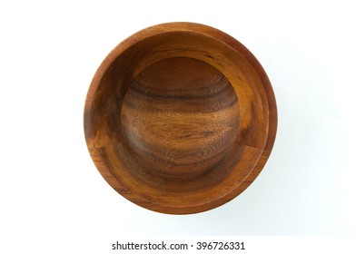 Top View Of Round Wood Bowl On White Isolated Background. Copy Space.